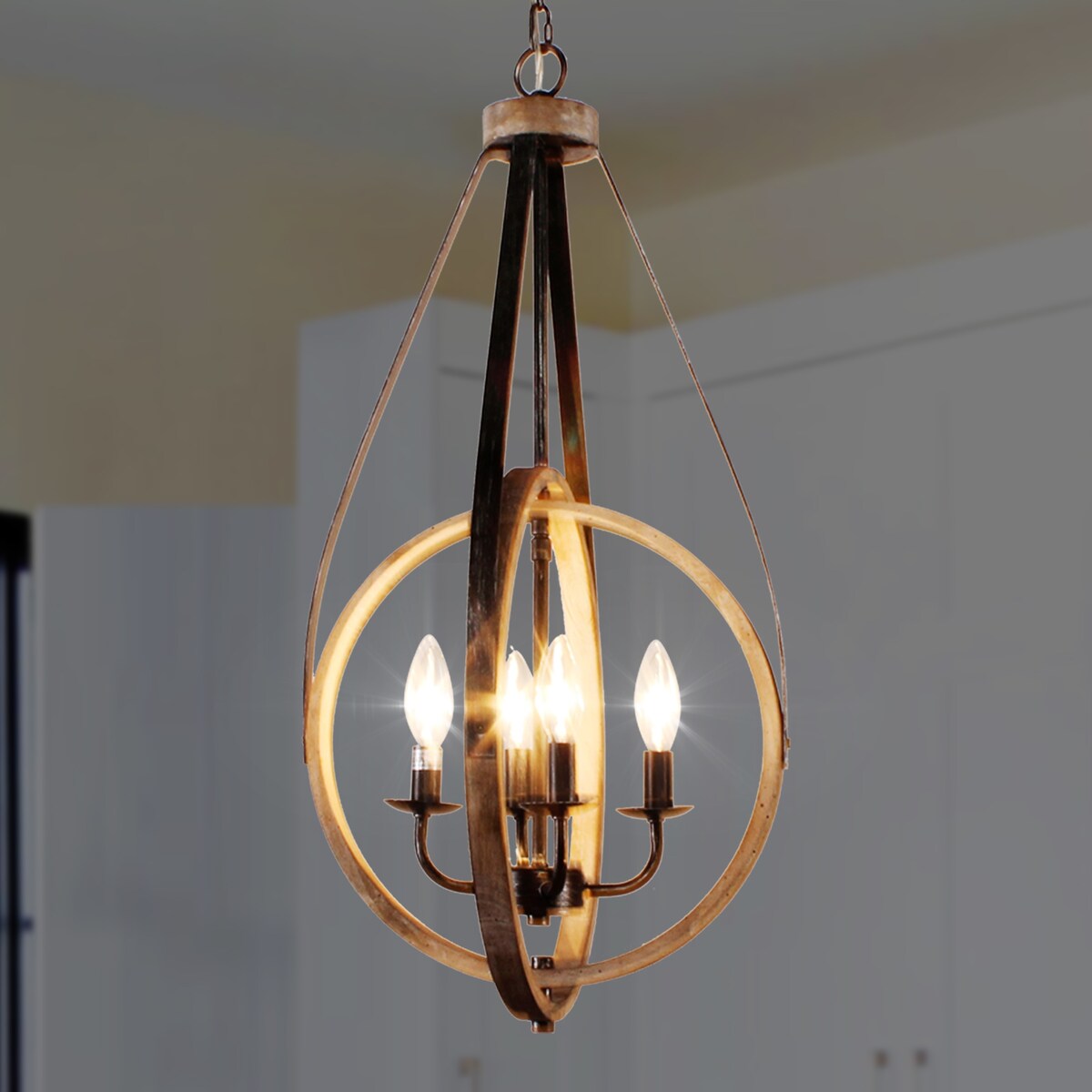 4-Light Rustic Distressed Wood Chandelier Dimmable Pendant Lighting - N/A