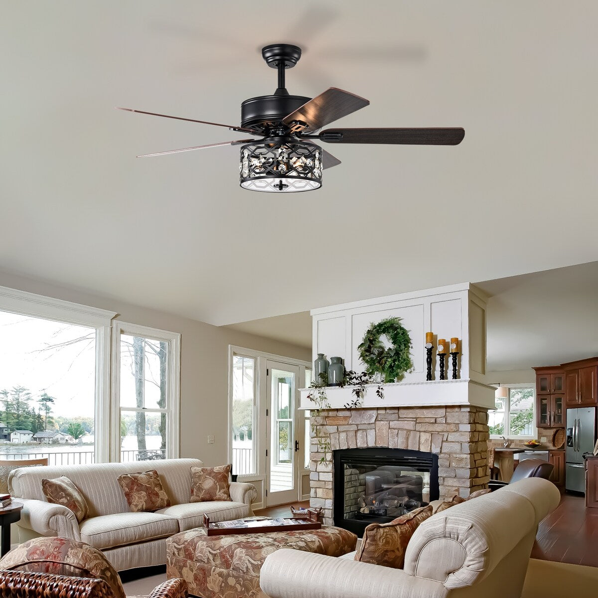 Bella Depot 52" Modern Black Crystal Ceiling Fan with Remote Control and Light Kit, 3-Speed Reversible Blades - 52 Inches