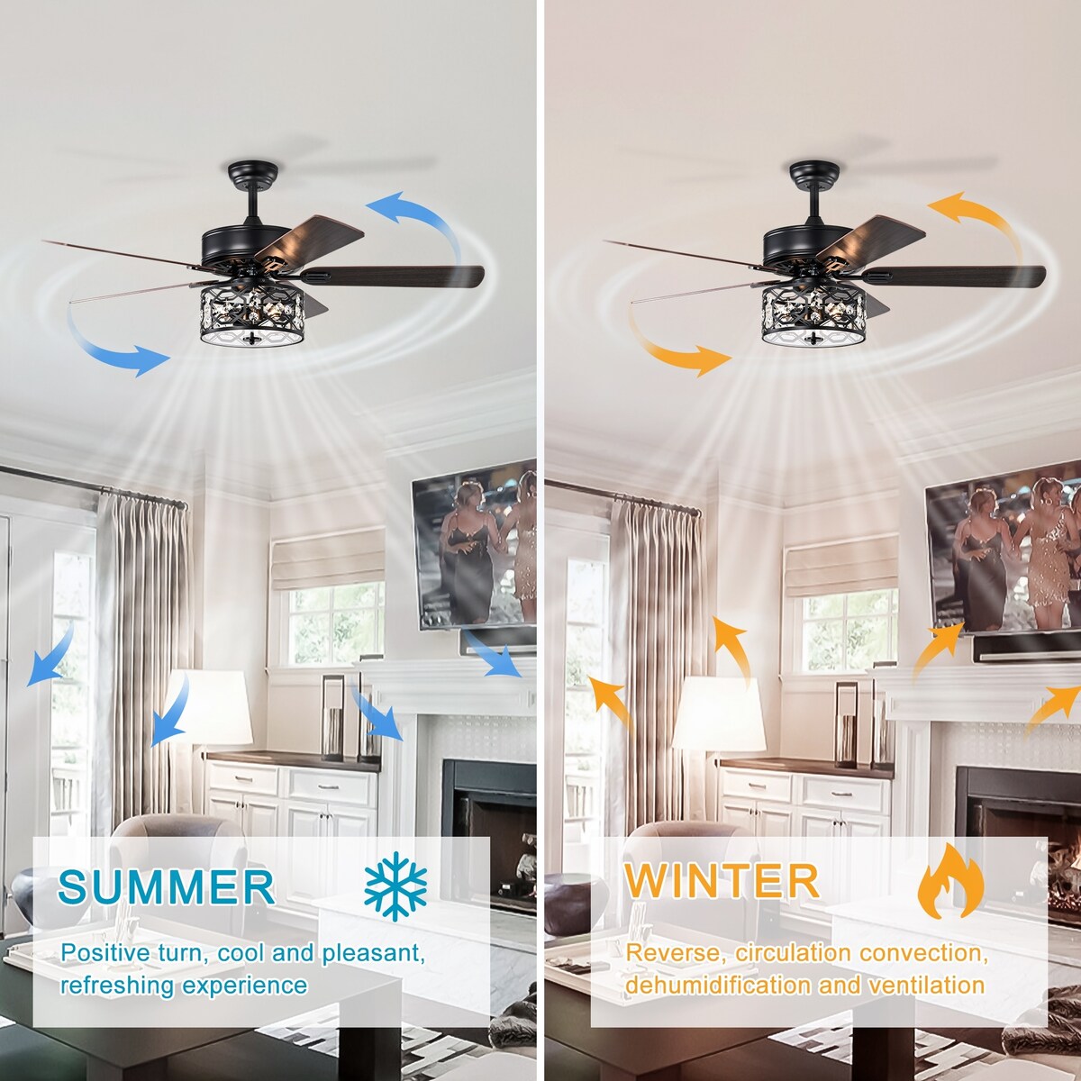 Bella Depot 52" Modern Black Crystal Ceiling Fan with Remote Control and Light Kit, 3-Speed Reversible Blades - 52 Inches