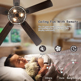 Bella Depot 52" Modern Black Crystal Ceiling Fan with Remote Control and Light Kit, 3-Speed Reversible Blades - 52 Inches