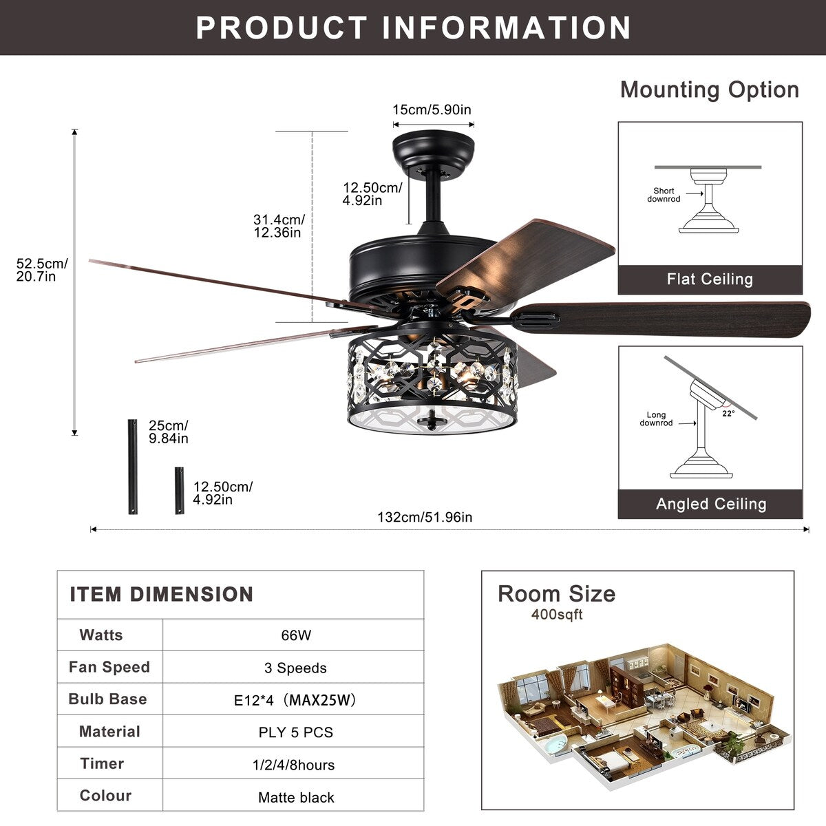 Bella Depot 52" Modern Black Crystal Ceiling Fan with Remote Control and Light Kit, 3-Speed Reversible Blades - 52 Inches