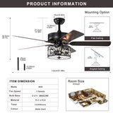 Bella Depot 52" Modern Black Crystal Ceiling Fan with Remote Control and Light Kit, 3-Speed Reversible Blades - 52 Inches