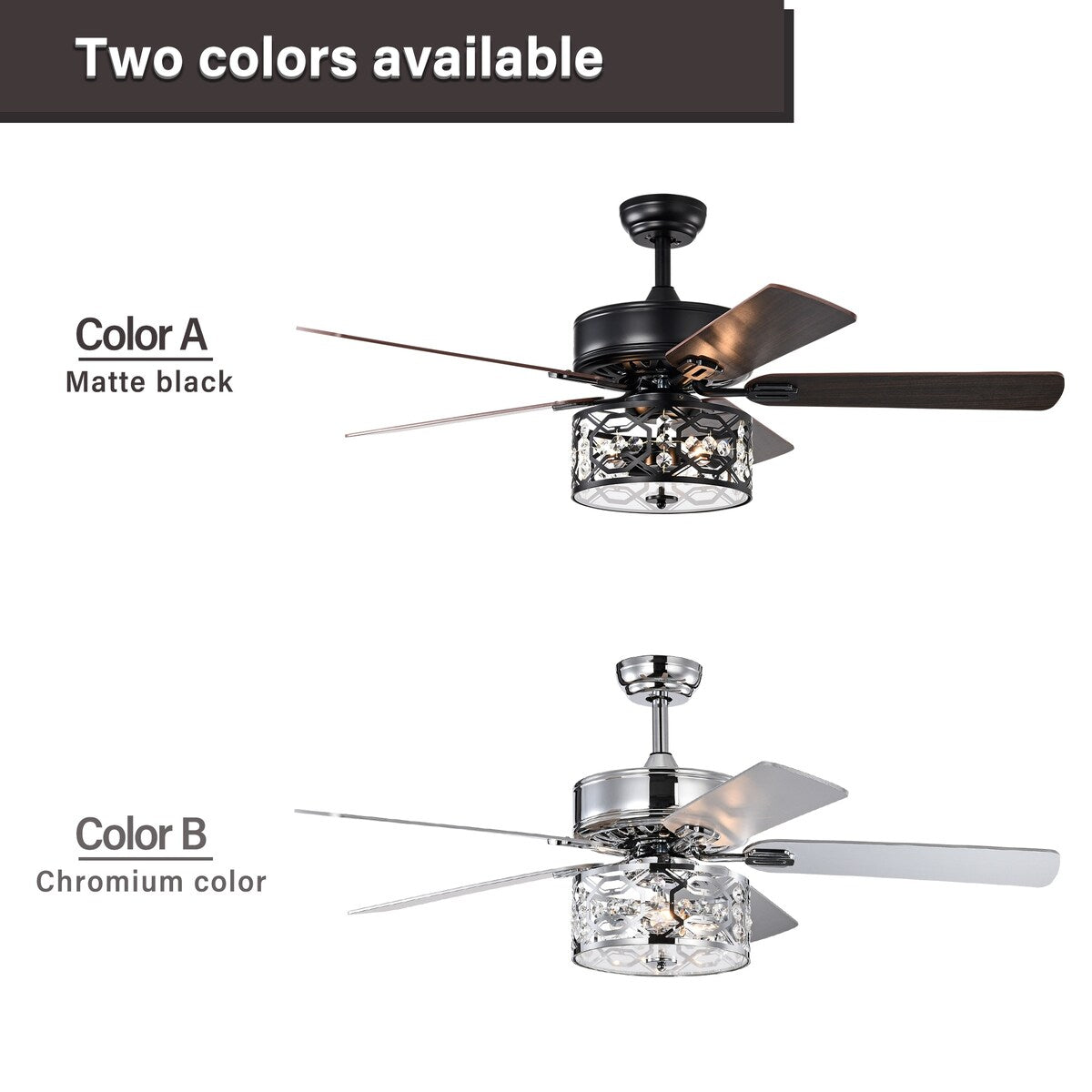 Bella Depot 52" Modern Black Crystal Ceiling Fan with Remote Control and Light Kit, 3-Speed Reversible Blades - 52 Inches