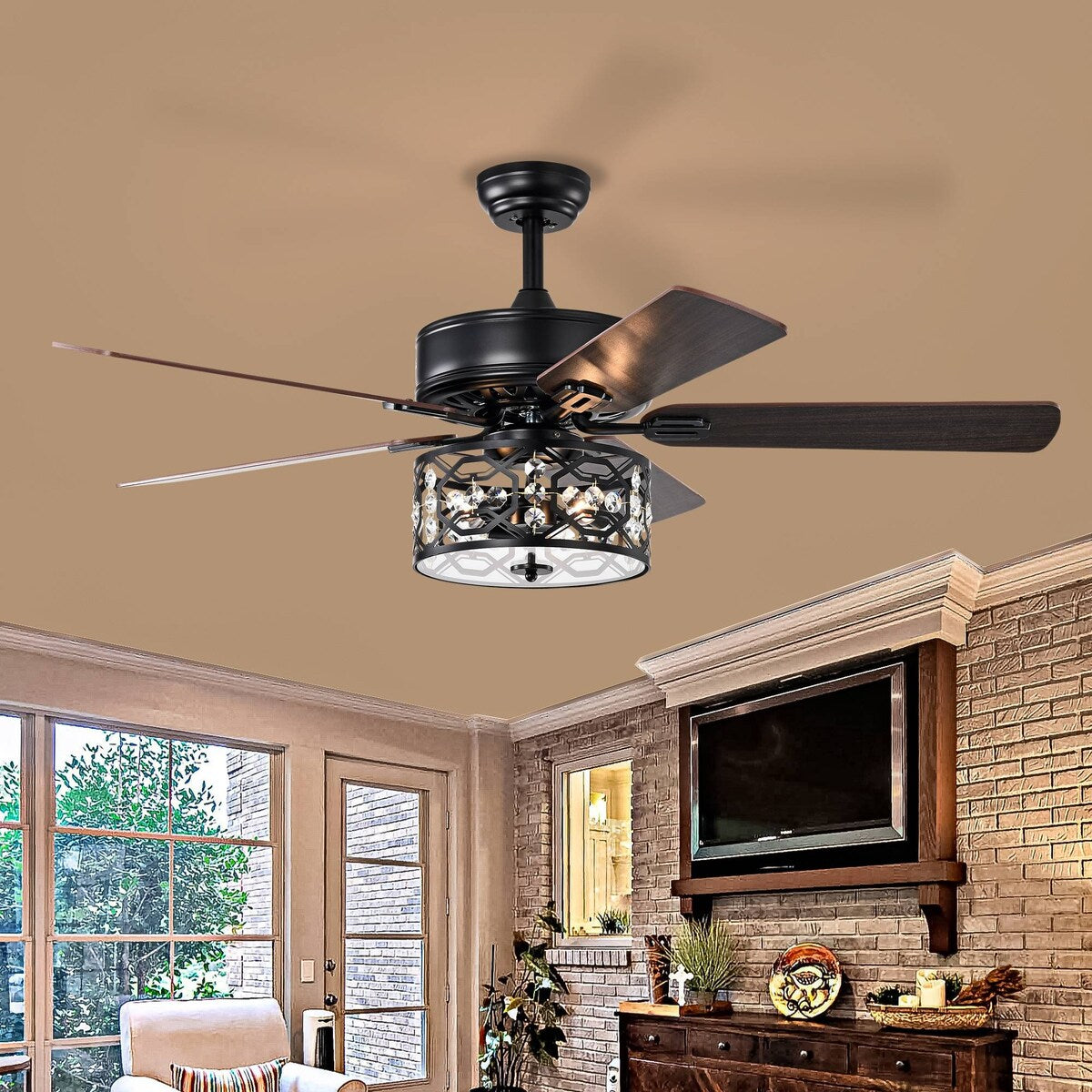 Bella Depot 52" Modern Black Crystal Ceiling Fan with Remote Control and Light Kit, 3-Speed Reversible Blades - 52 Inches