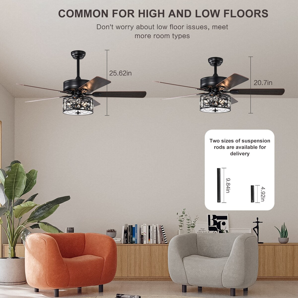 Bella Depot 52" Modern Black Crystal Ceiling Fan with Remote Control and Light Kit, 3-Speed Reversible Blades - 52 Inches
