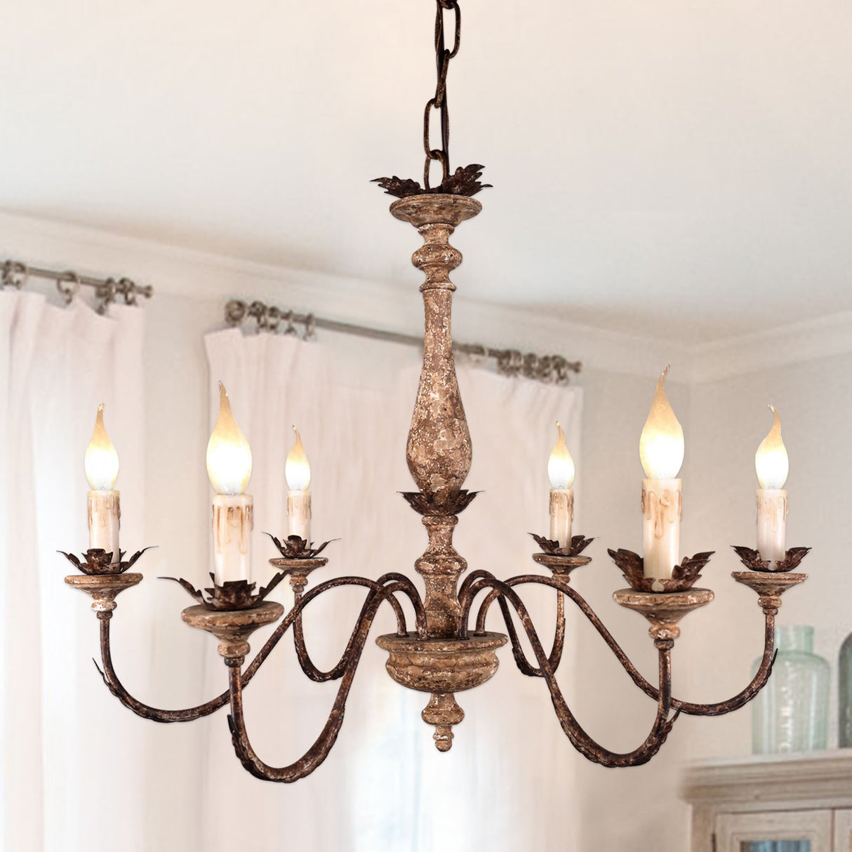 Belladepot 6-Light Distressed Wood Mid-Century Chandelier For Kitchen Island Lighting French Country Style - Disressed Wood