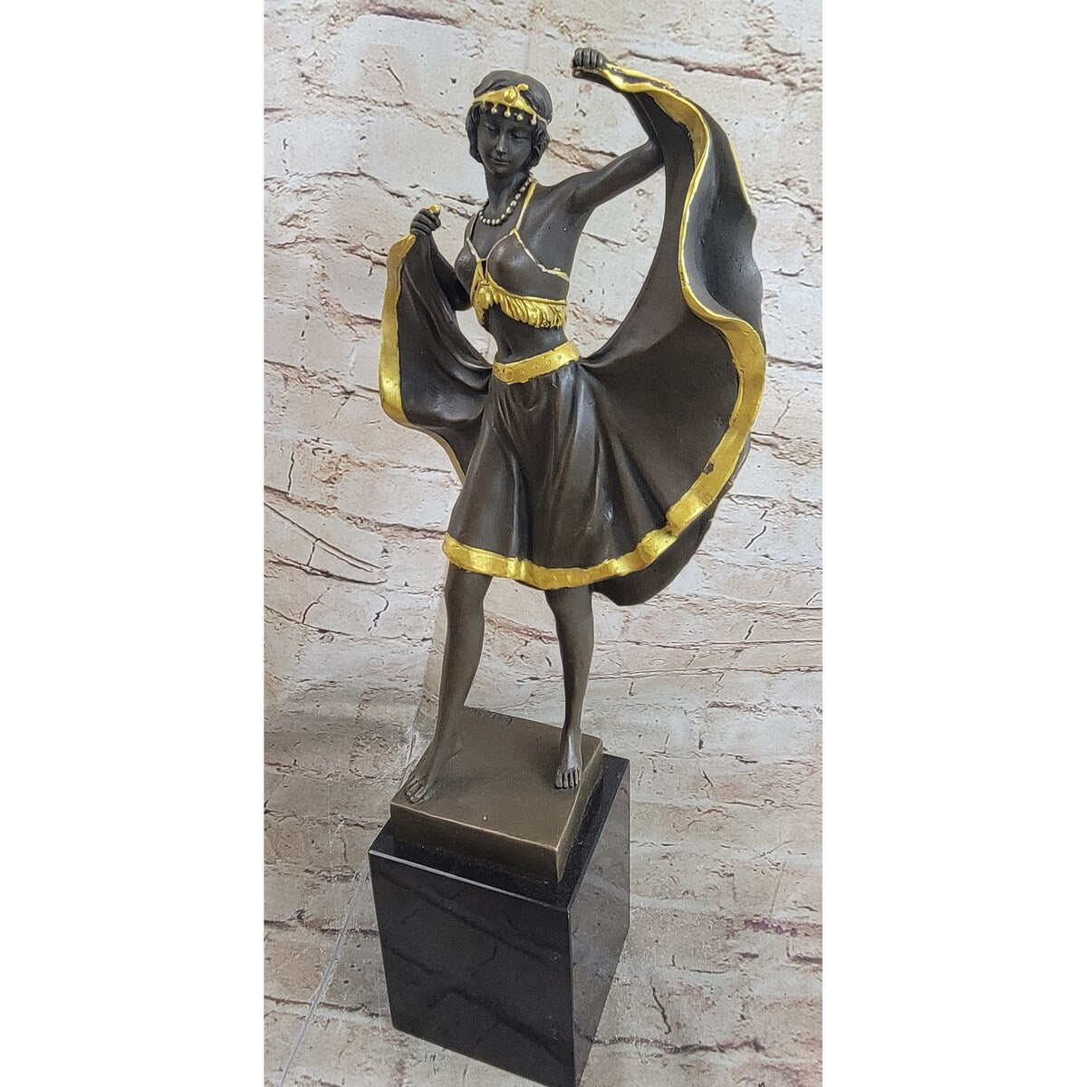 Belly Dancer Lifting Skirt Art Deco Bronze Statue Sculpture On Marble Base By Bergman