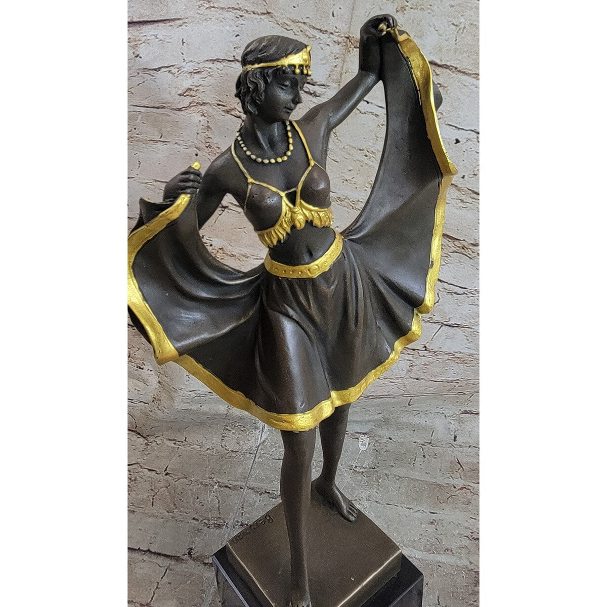 Belly Dancer Lifting Skirt Art Deco Bronze Statue Sculpture On Marble Base By Bergman