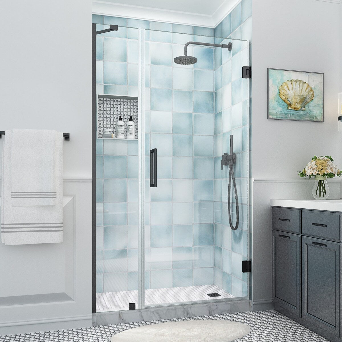 Belmore XL 43.25 - 44.25 in. W x 80 in. H Frameless Hinged Shower Door with Clear StarCast Glass - N/A