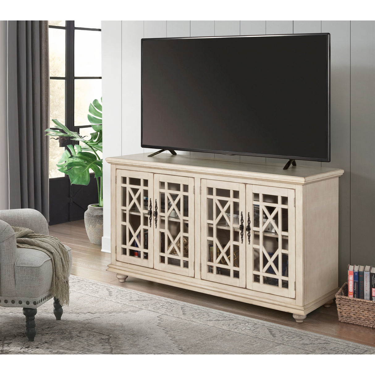 Belvedere 63-inch Trellis 4-door TV Stand Console - 35 inches high x 63 inches wide x 18 inches deep