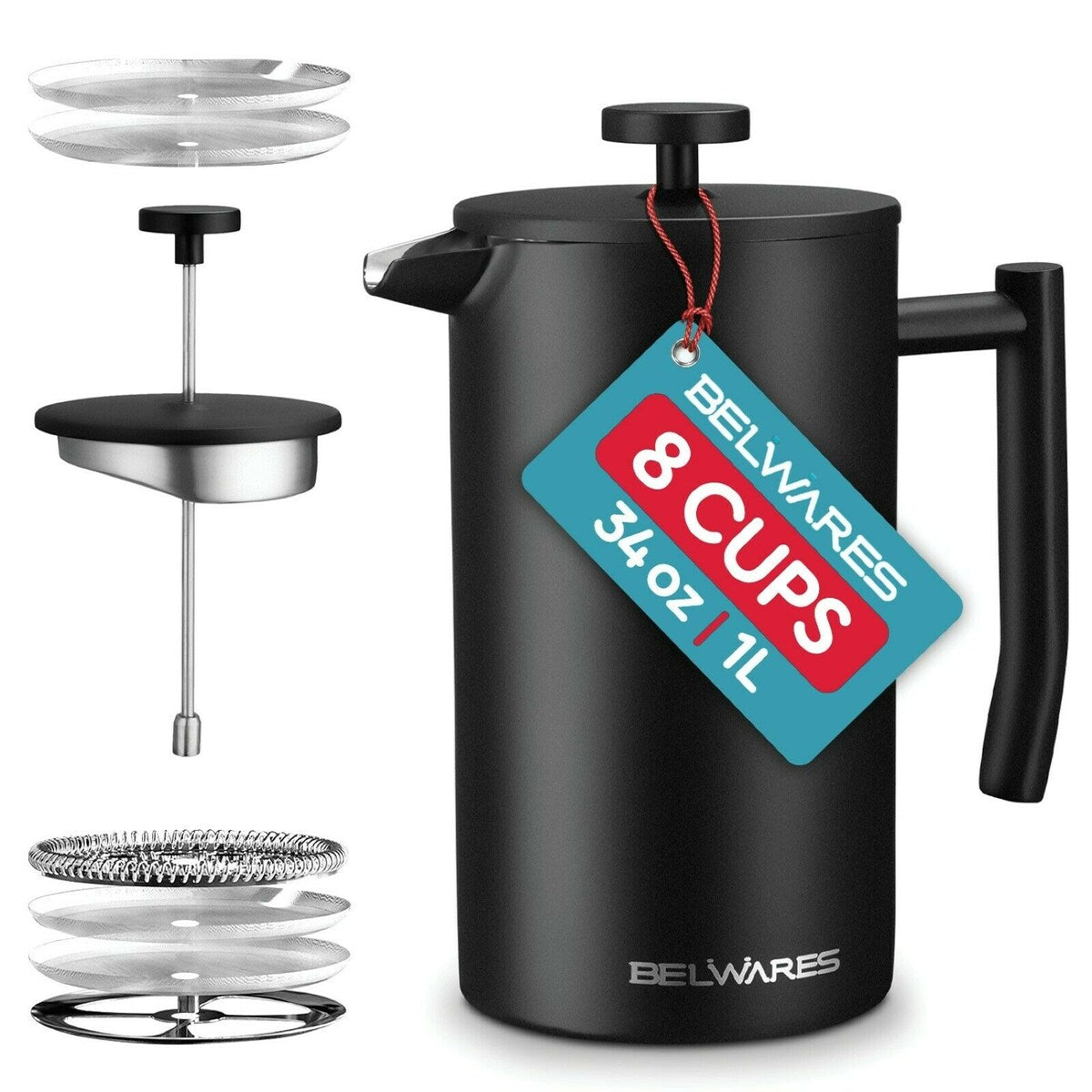 Belwares Stainless Steel Large French Press Coffee Maker 34oz