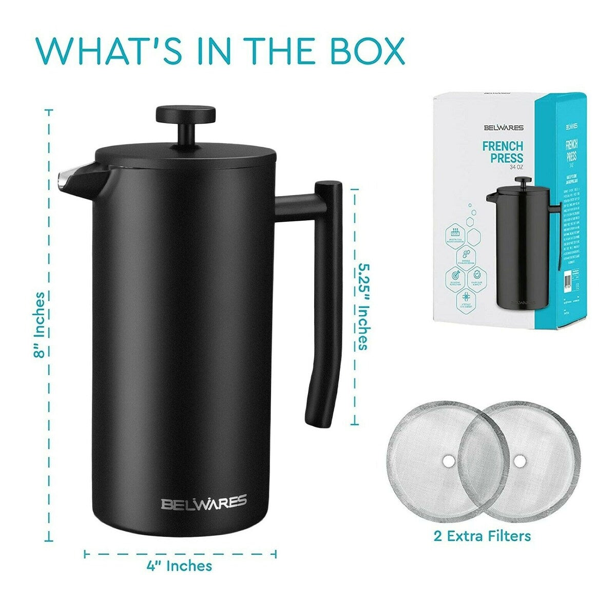 Belwares Stainless Steel Large French Press Coffee Maker 34oz