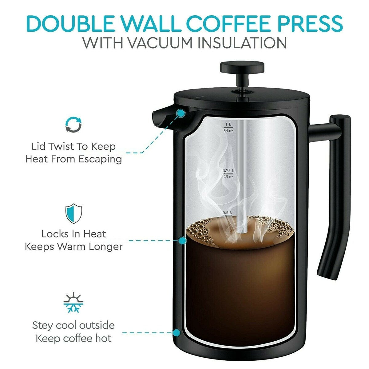 Belwares Stainless Steel Large French Press Coffee Maker 34oz