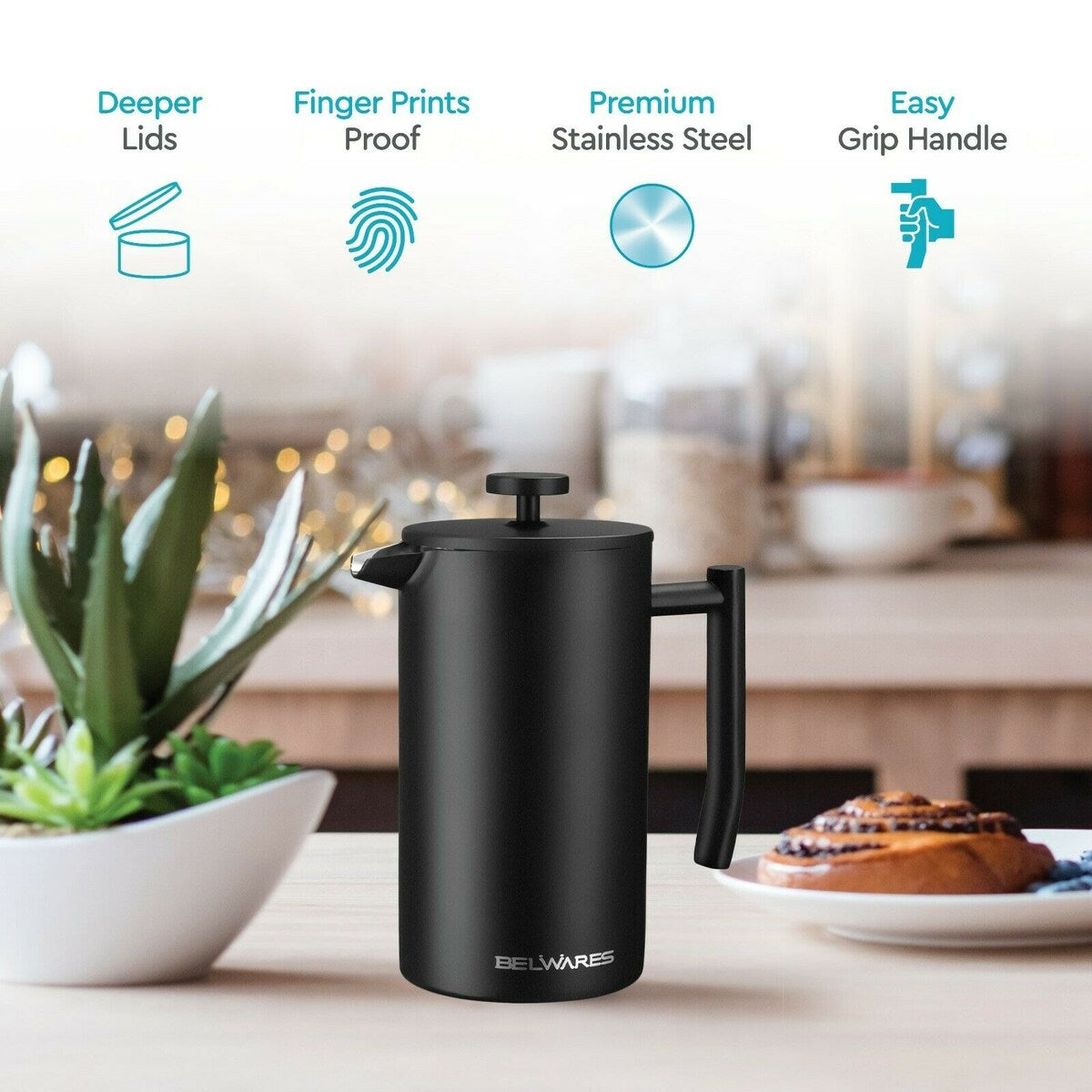 Belwares Stainless Steel Large French Press Coffee Maker 34oz