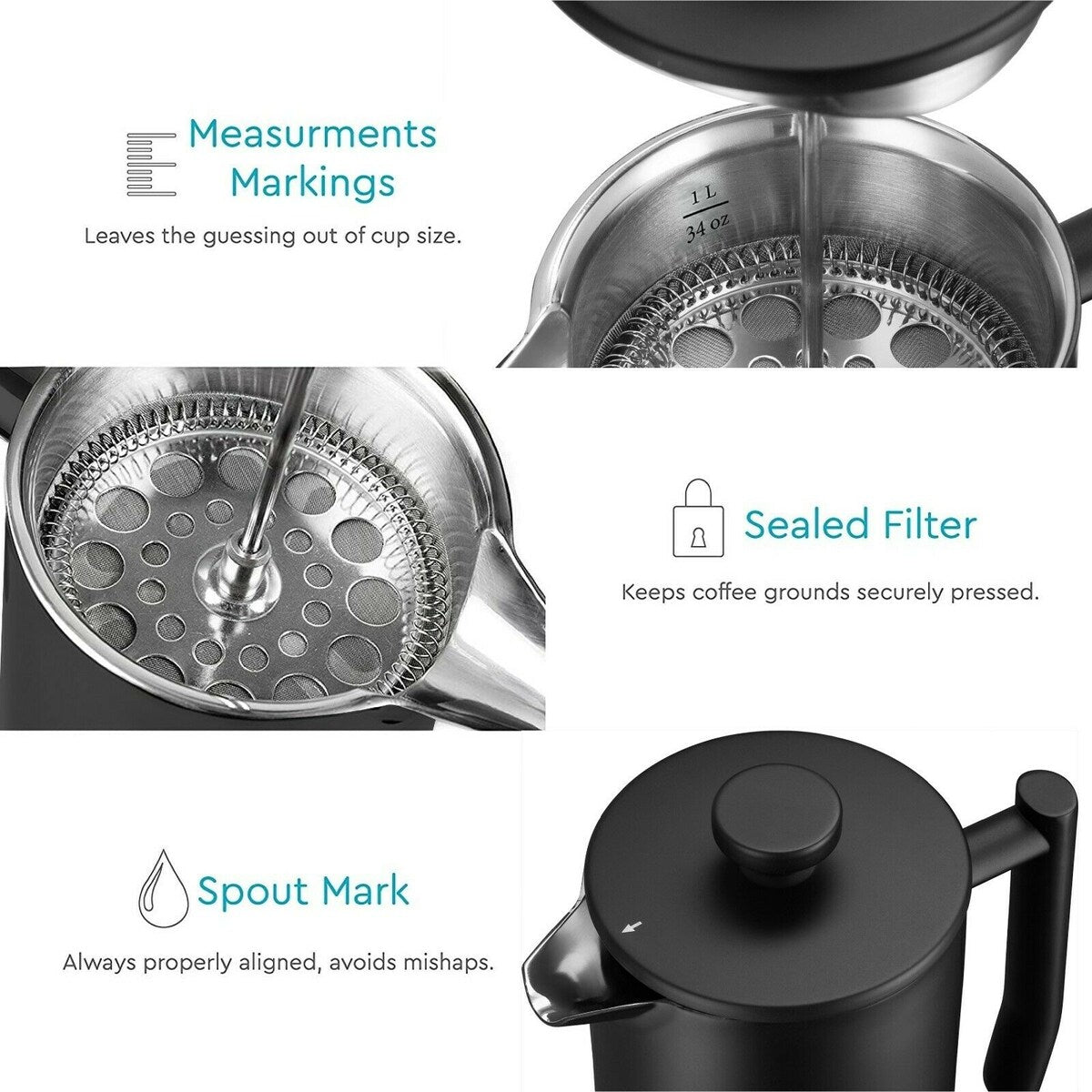 Belwares Stainless Steel Large French Press Coffee Maker 34oz