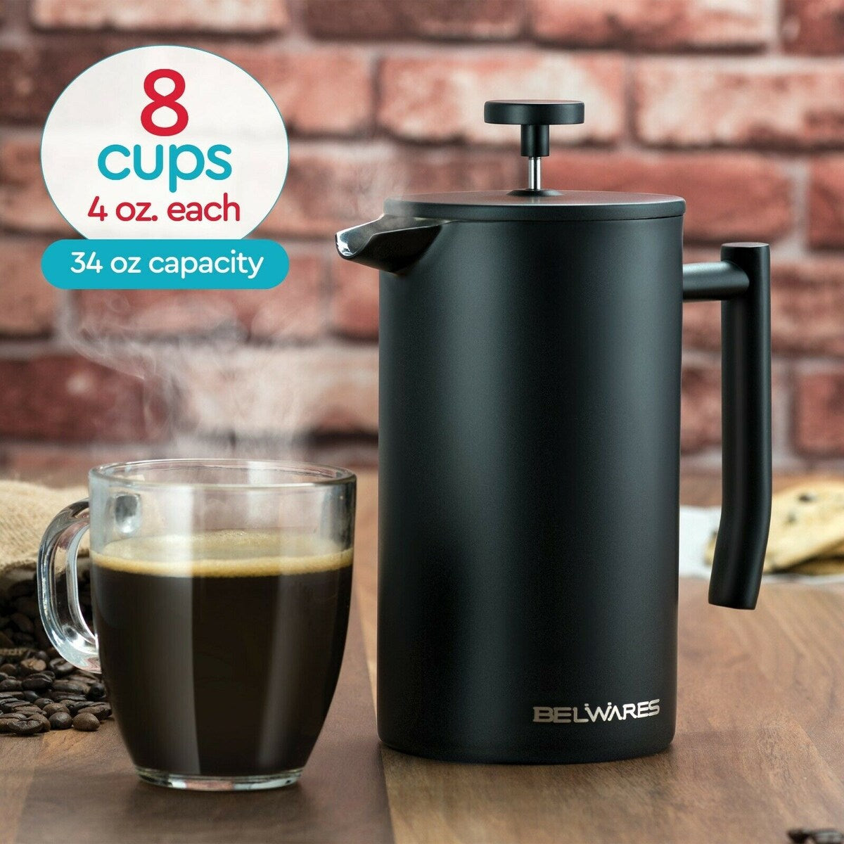 Belwares Stainless Steel Large French Press Coffee Maker 34oz