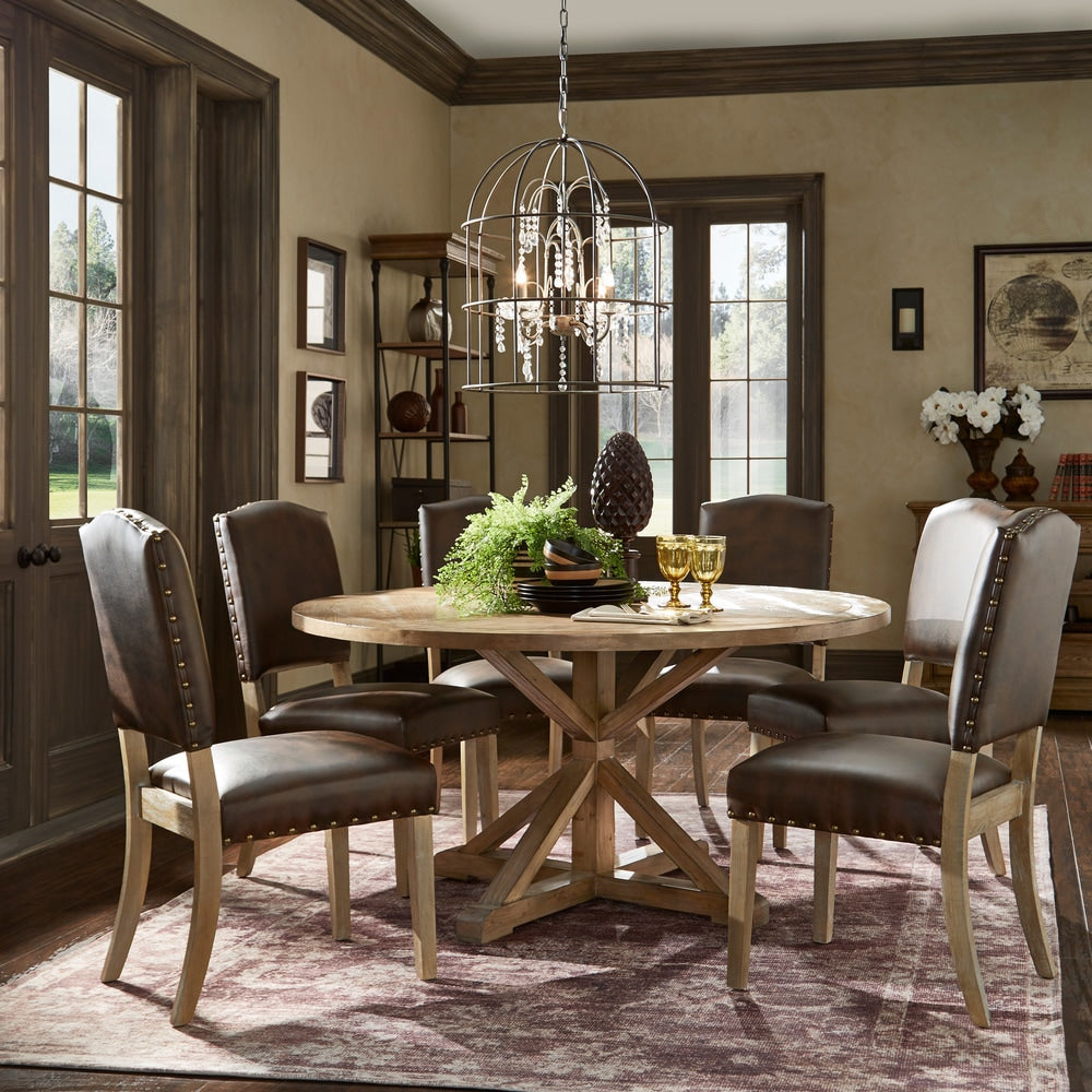 Benchwright Rustic X-base Round Pine Wood Nailhead 7-piece Dining Set by iNSPIRE Q Artisan
