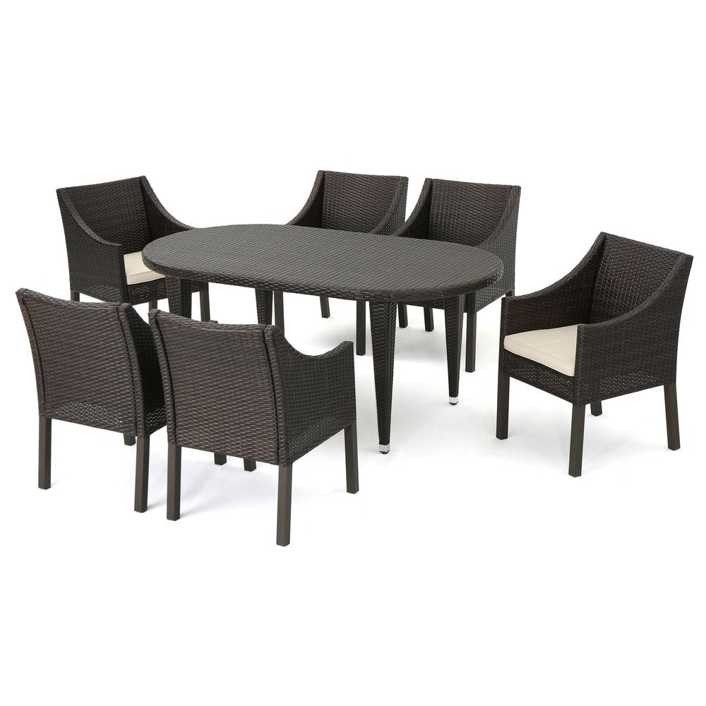 Benjamin Outdoor 7-piece Oval Wicker Dining Set with Cushions by Christopher Knight Home