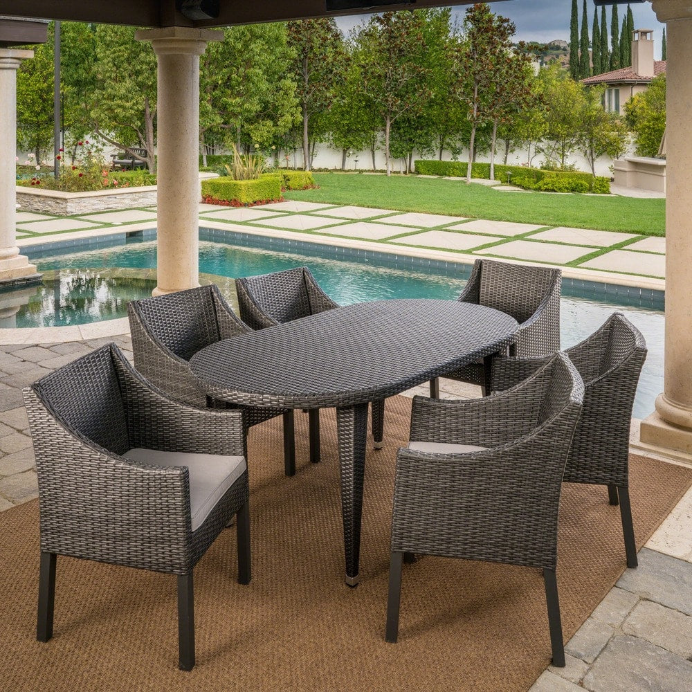 Benjamin Outdoor 7-piece Oval Wicker Dining Set with Cushions by Christopher Knight Home