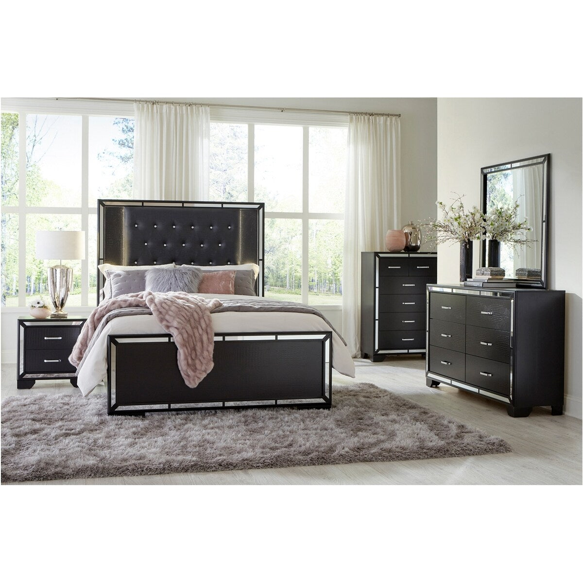 Bennett 4 Piece Black Modern Faux Leather LED Upholstered Tufted Panel Bedroom Set