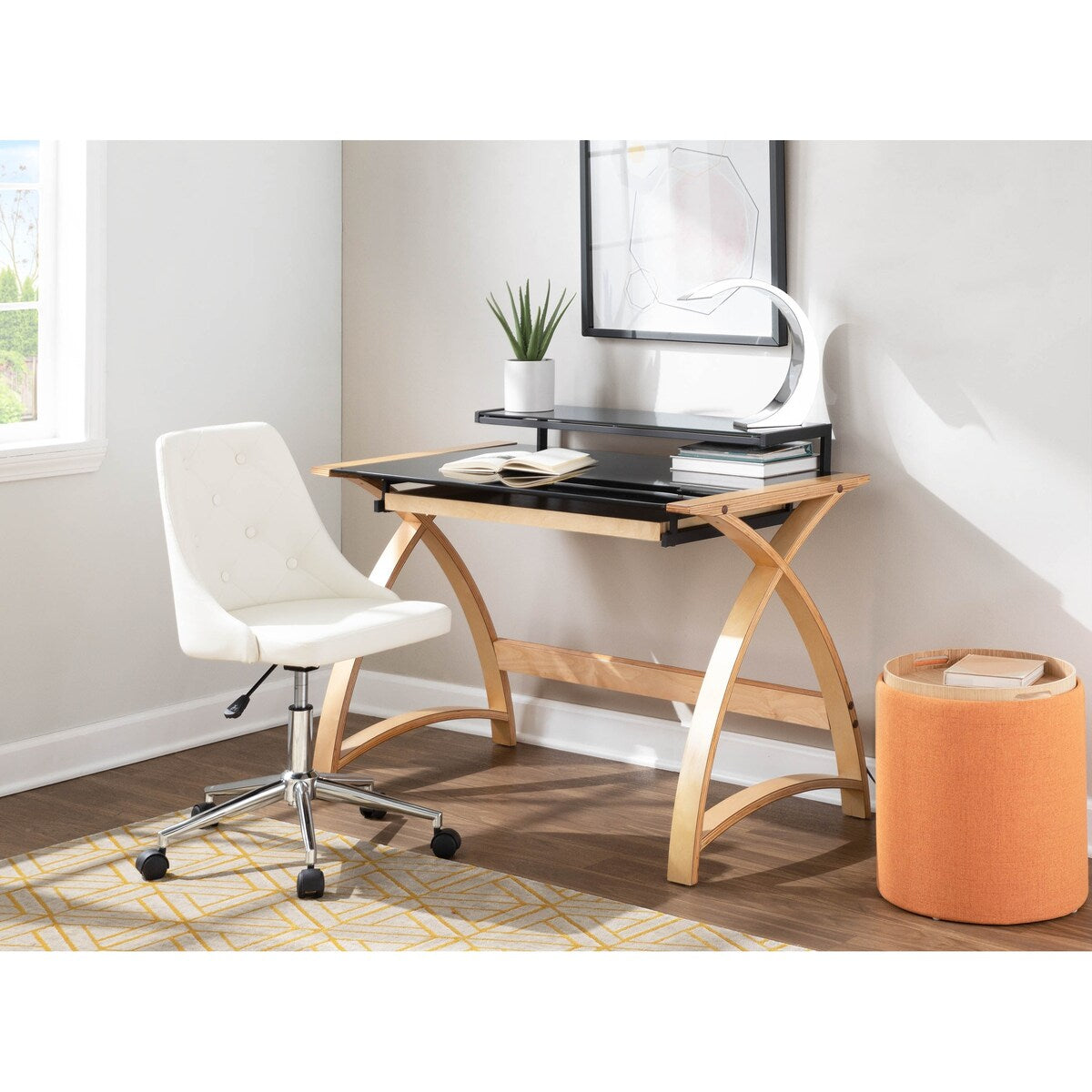 Bentley Mid-Century Modern Office Desk in Natural Wood and Black Glass