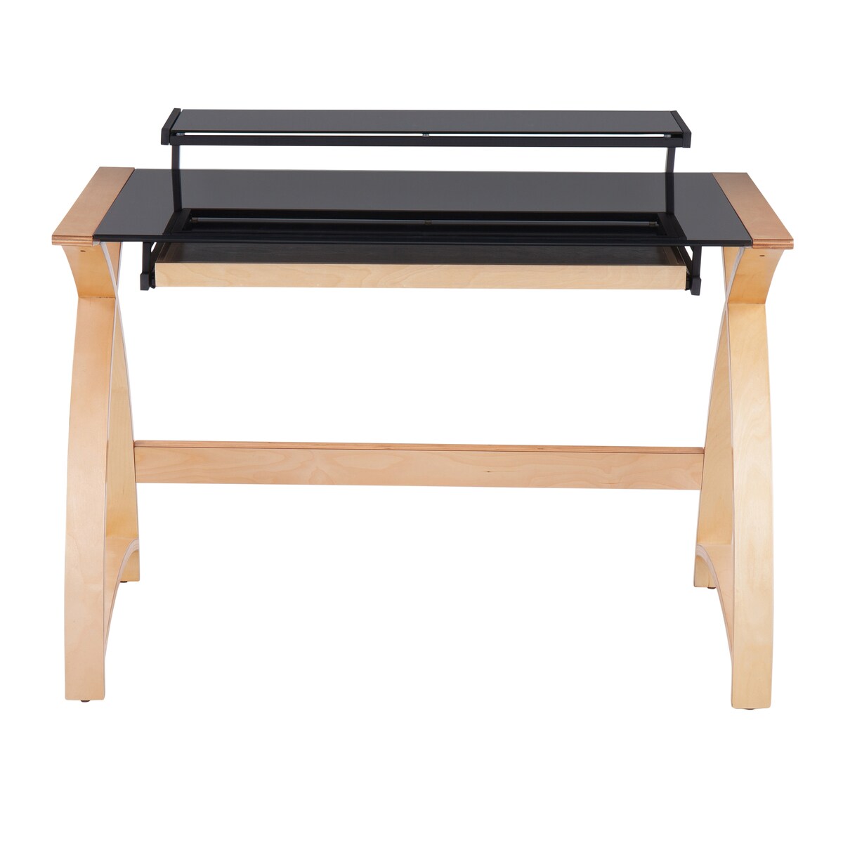 Bentley Mid-Century Modern Office Desk in Natural Wood and Black Glass