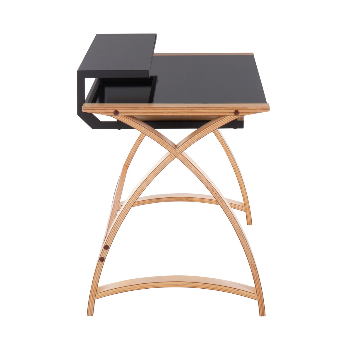 Bentley Mid-Century Modern Office Desk in Natural Wood and Black Glass