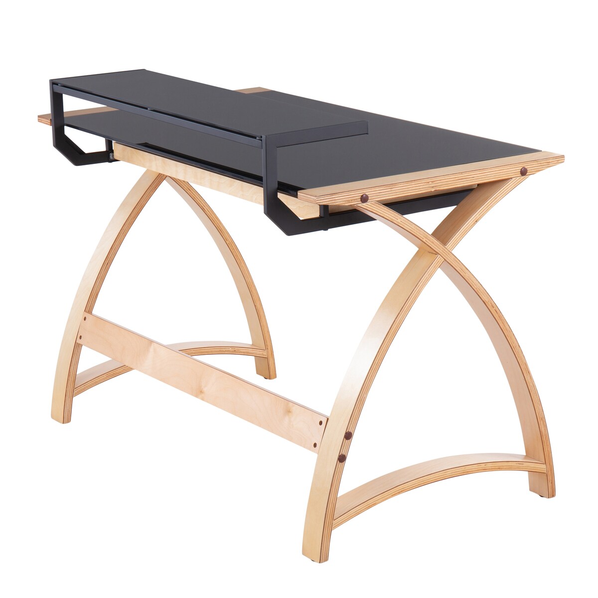 Bentley Mid-Century Modern Office Desk in Natural Wood and Black Glass