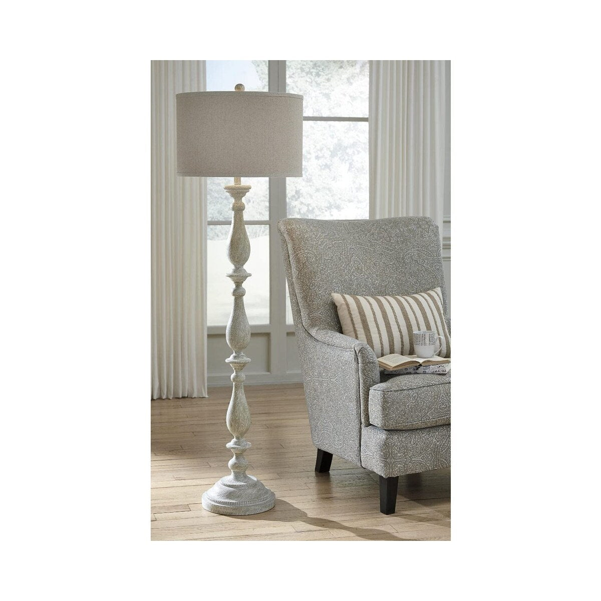 Bernadate Cottage 61" Candlestick Design Floor Lamp, Whitewash - White
