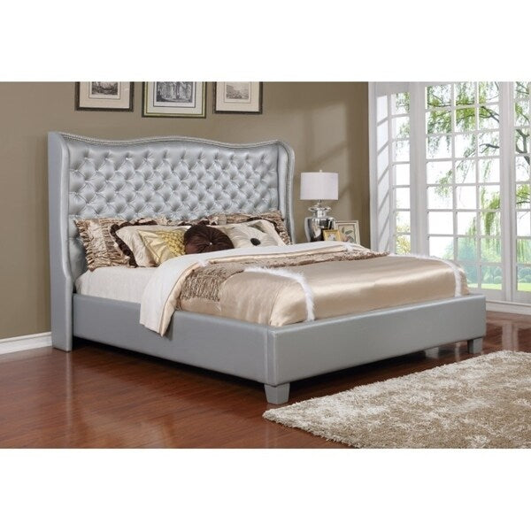 Best Quality Furniture Faux Leather Upholstered Panel Bed with Crystal Tufted Headboard