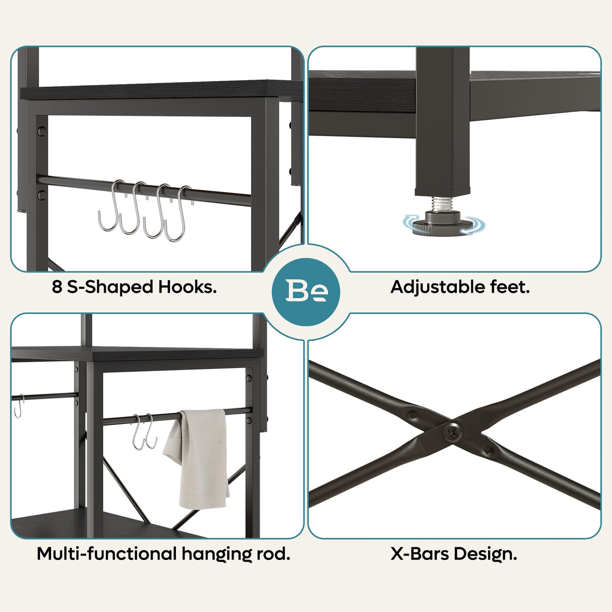 60 Inch Kitchen Baker's Rack with Hutch 8 Side Hooks