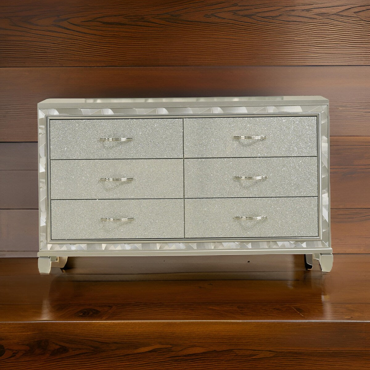 Bet 65 Inch Dresser, 6 Rhinestone Inlaid Drawers, Chrome Handles, Silver