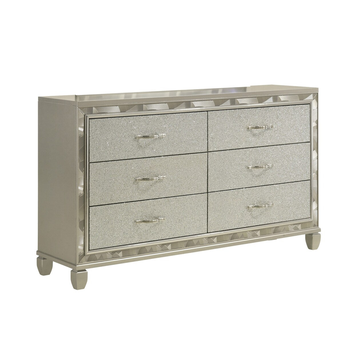 Bet 65 Inch Dresser, 6 Rhinestone Inlaid Drawers, Chrome Handles, Silver