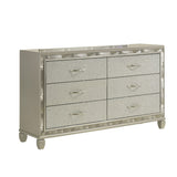Bet 65 Inch Dresser, 6 Rhinestone Inlaid Drawers, Chrome Handles, Silver