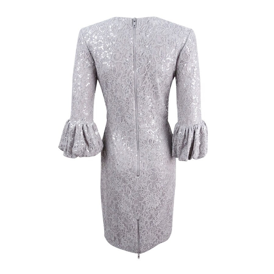 Betsy & Adam Women's Sequined Lace Bell-Sleeve Dress (4, Grey)