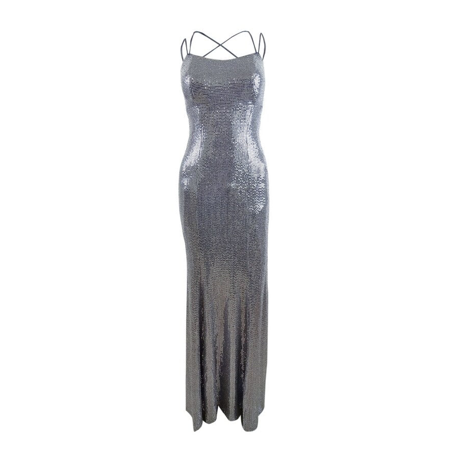 Betsy & Adam Women's Sequined Lace-Up Gown (0, Blue)