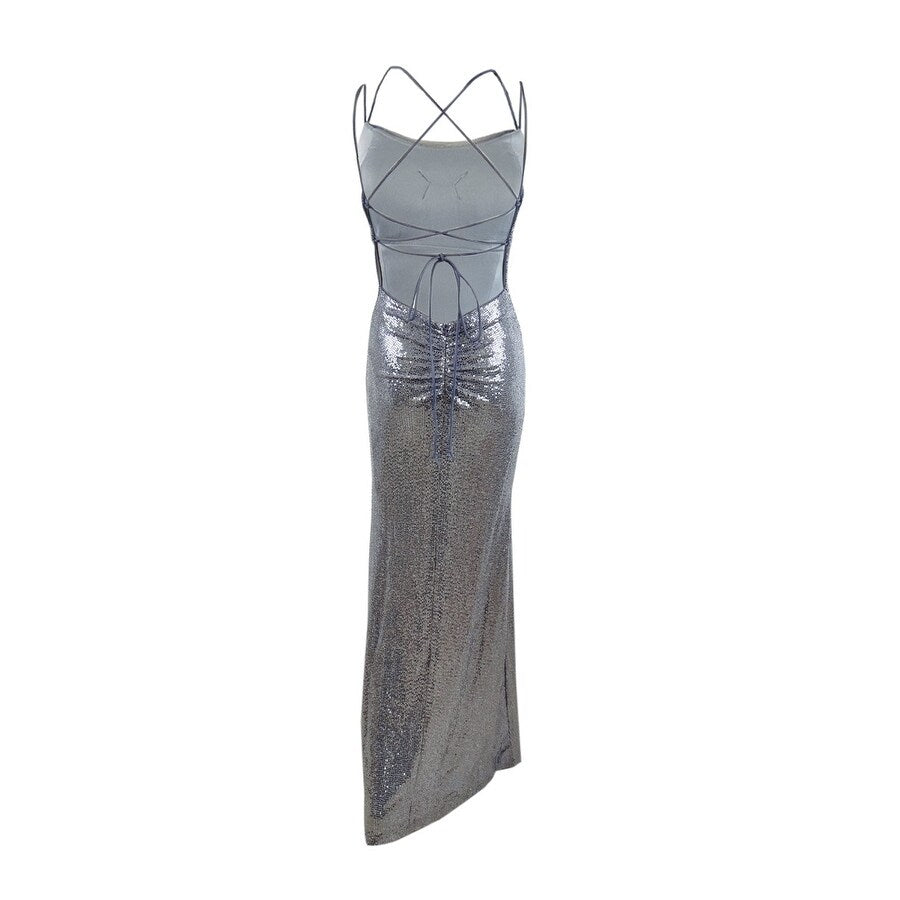 Betsy & Adam Women's Sequined Lace-Up Gown (0, Blue)