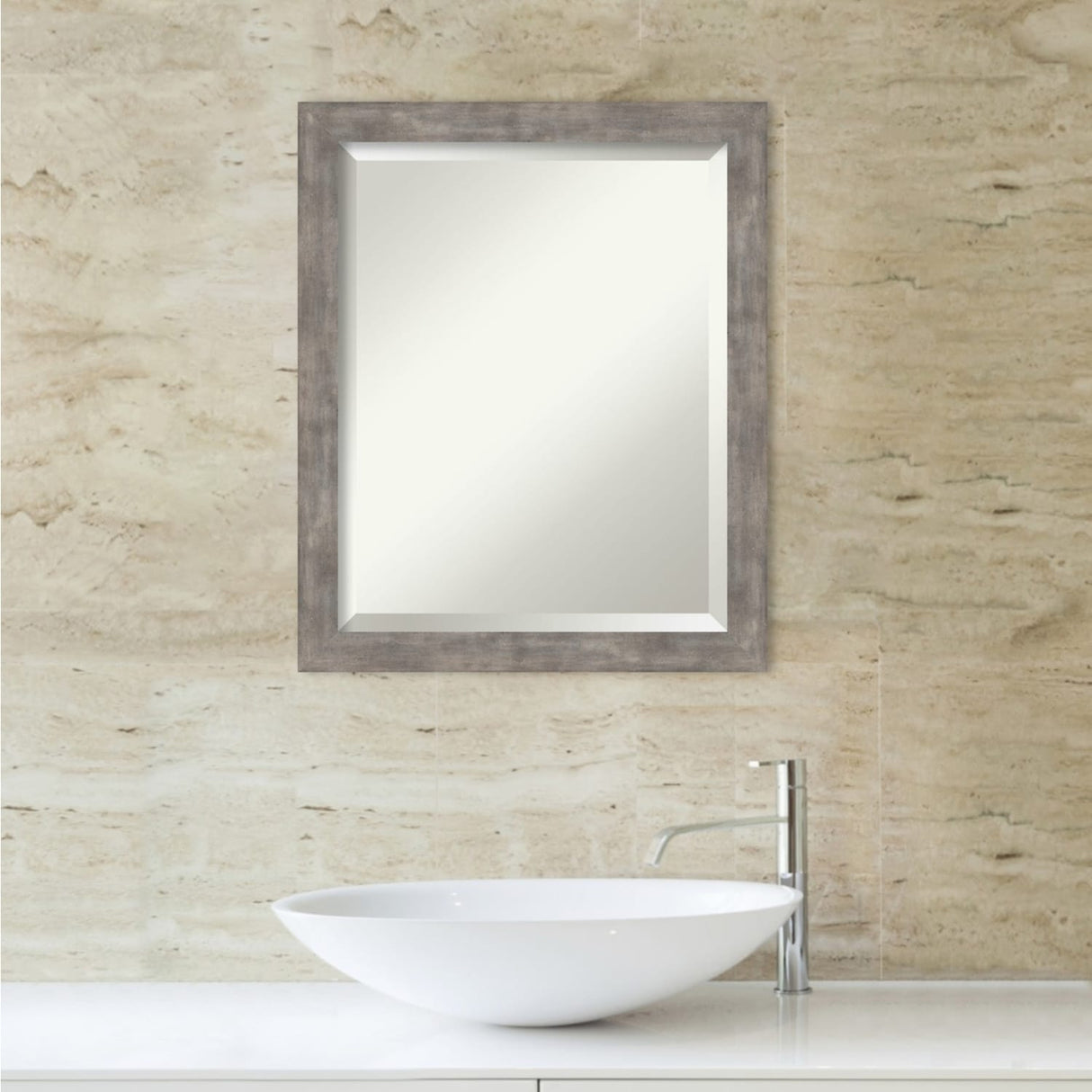 Beveled Wood Bathroom Wall Mirror - Marred Pewter Frame