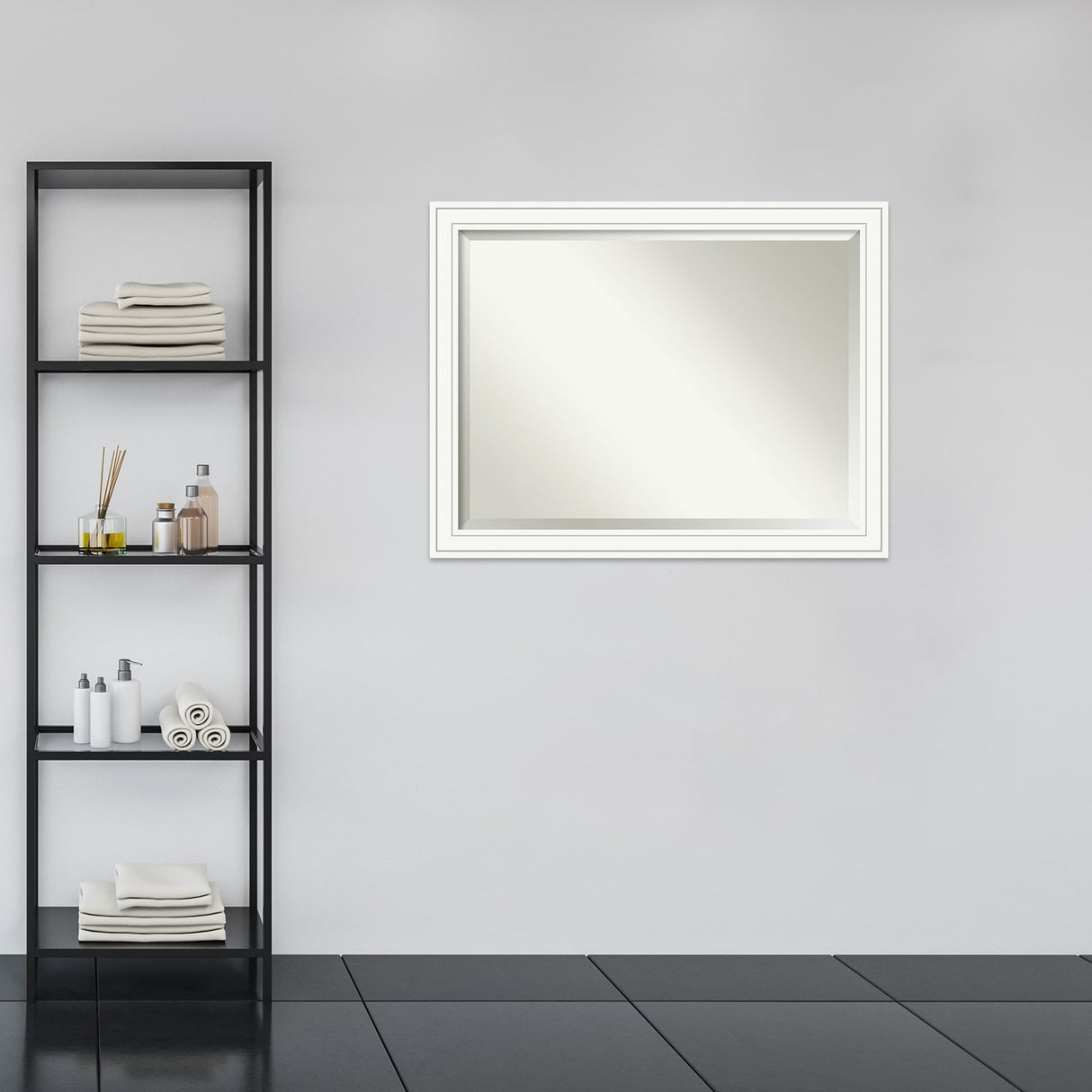 Beveled Wood Bathroom Wall Mirror - Craftsman White Frame - Outer Size: 45 x 35 in