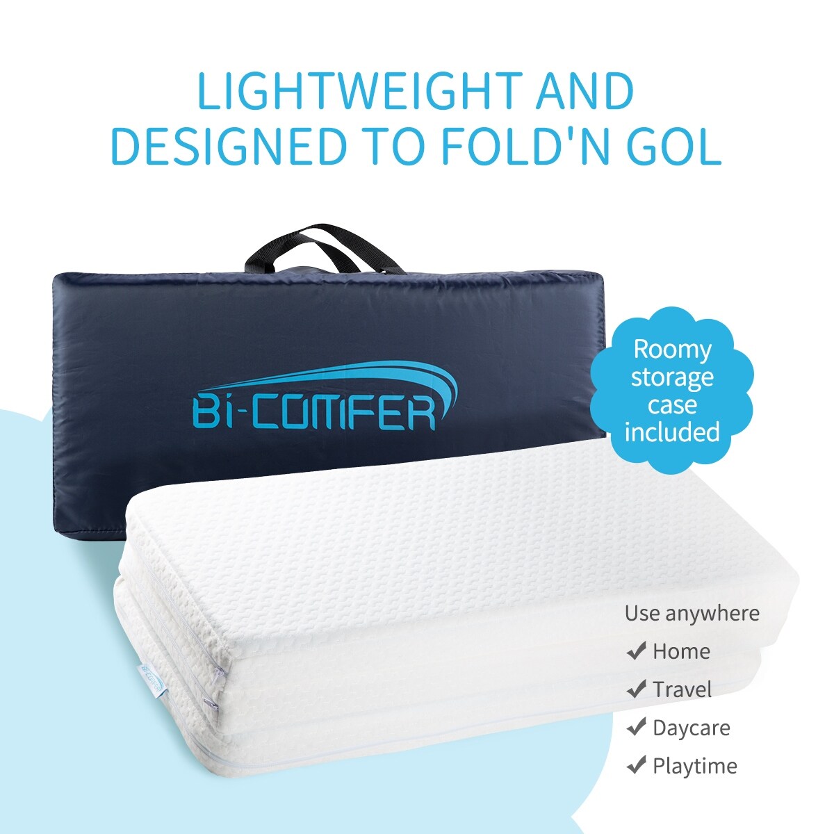 Bi-Comfer Tri-Fold Memory Form Pack n Play Mattress Pad, Mini Crib & Portable Foldable Playard Mattress