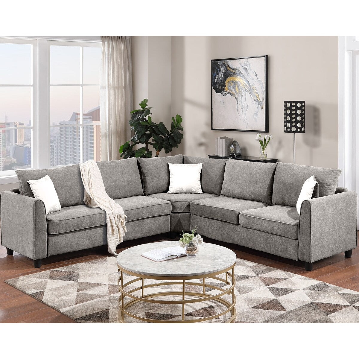 Big Sectional Sofa Couch L Shape Couch for Home Use Fabric Grey 3 Pillows Included