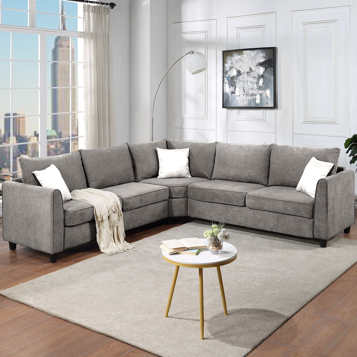 Big Sectional Sofa Couch L Shape Couch for Home Use Fabric Grey 3 Pillows Included
