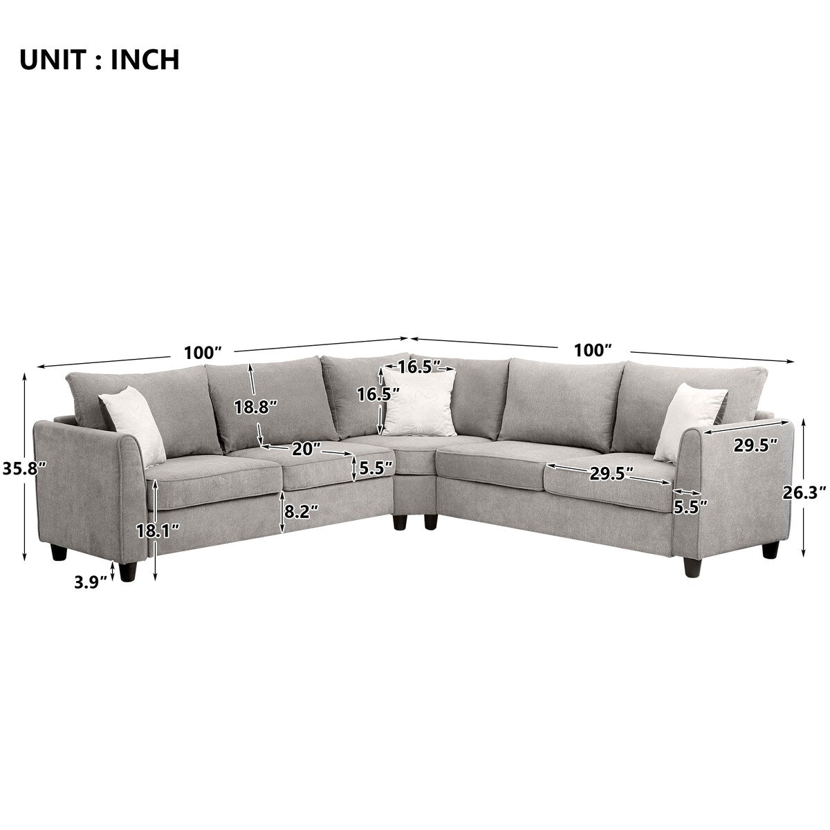 Big Sectional Sofa Couch L Shape Couch for Home Use Fabric Grey 3 Pillows Included