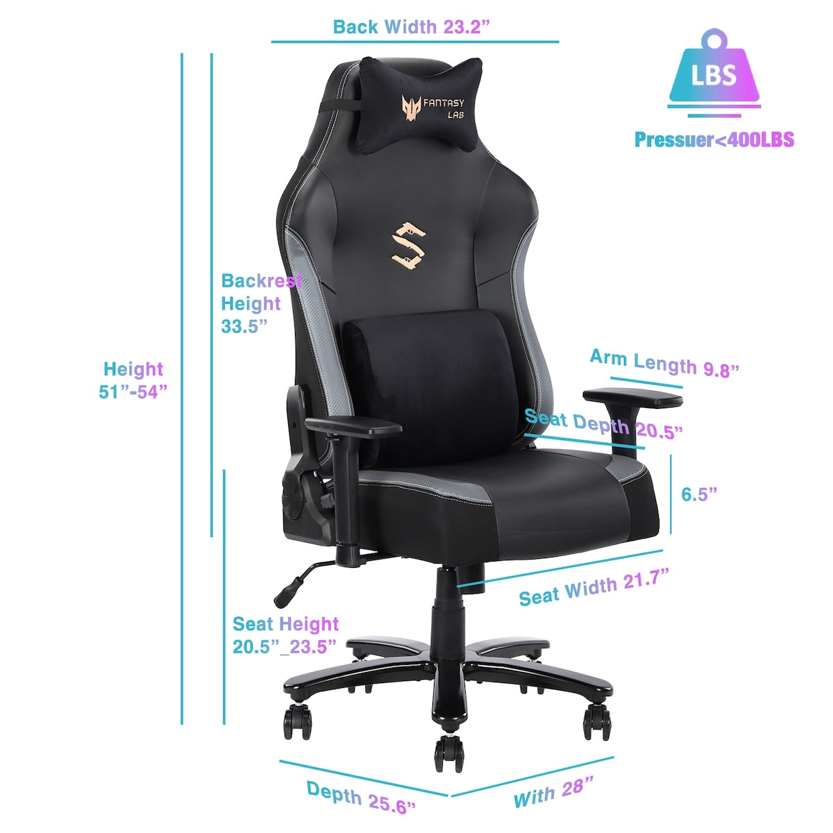 Big and Tall Gaming Chair 400lbs Gaming Chair with Massage Lumbar Pillow, Headrest, 3D Armrest, Metal Base, PU Leather