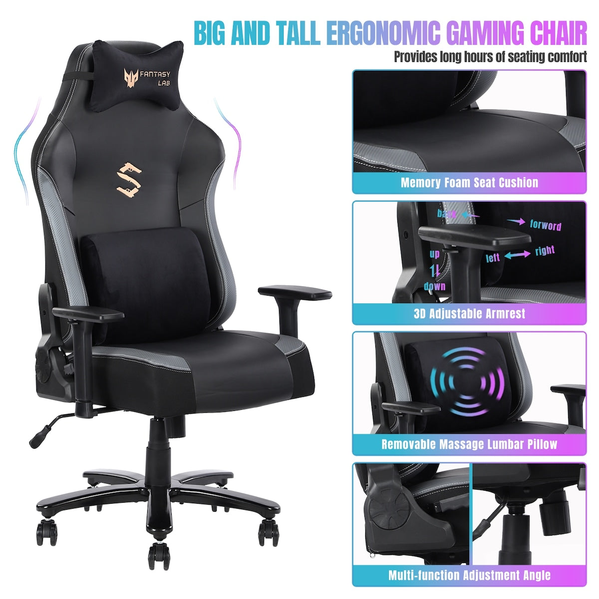 Big and Tall Gaming Chair 400lbs Gaming Chair with Massage Lumbar Pillow, Headrest, 3D Armrest, Metal Base, PU Leather