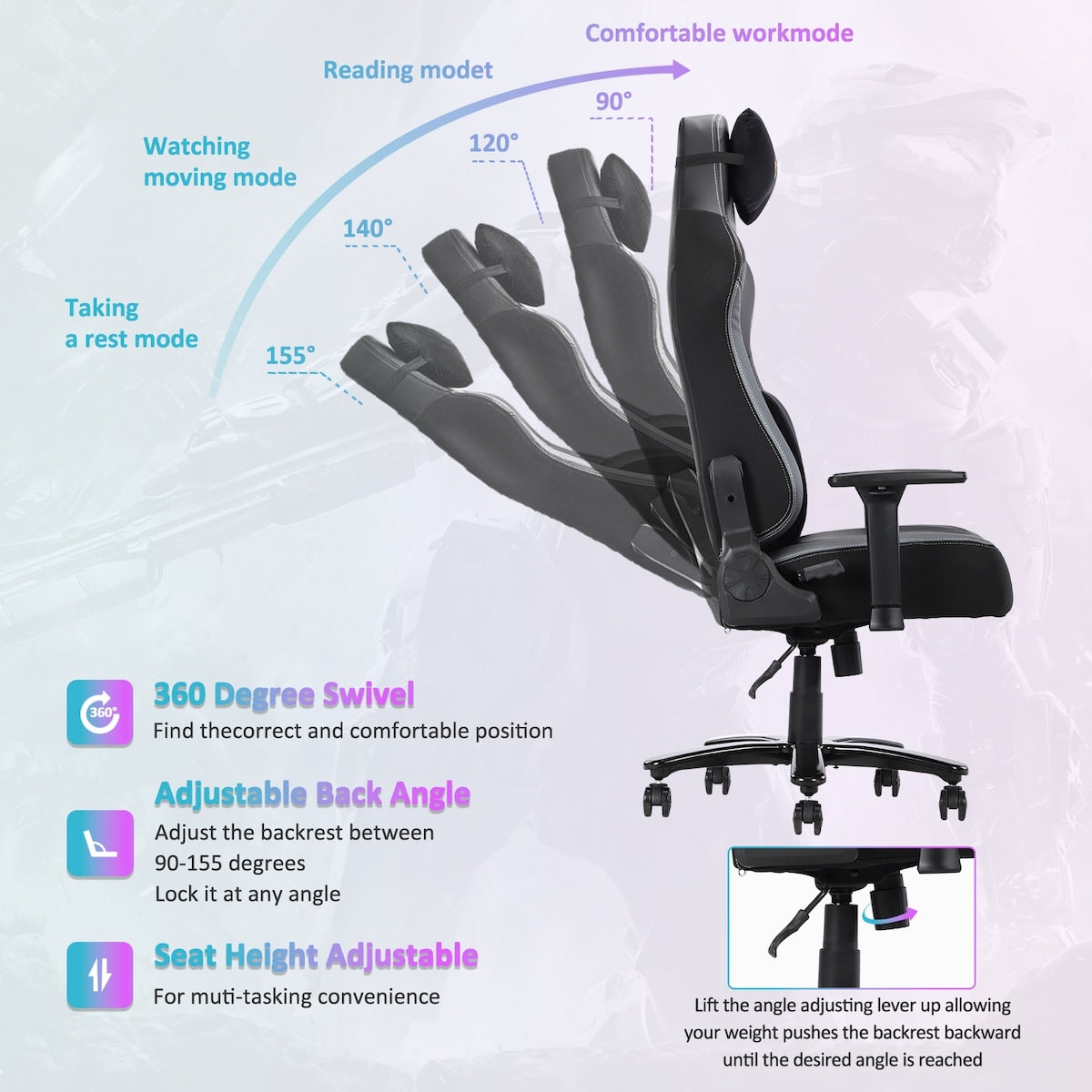 Big and Tall Gaming Chair 400lbs Gaming Chair with Massage Lumbar Pillow, Headrest, 3D Armrest, Metal Base, PU Leather