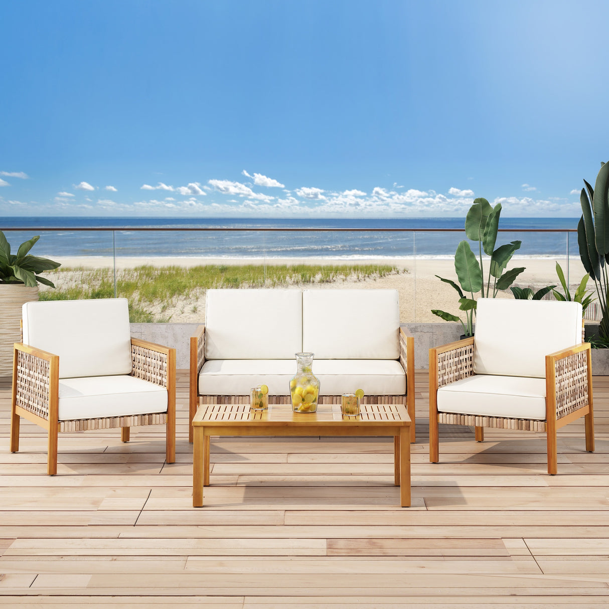 Joliet Outdoor 4-piece Acacia Chat Set with Wicker Accents by Christopher Knight Home