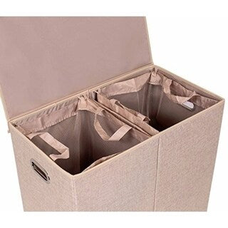 BirdRock Home Double Laundry Hamper with Lid and Removable Liners | Linen | Foldable Hamper | Cut Out Handles