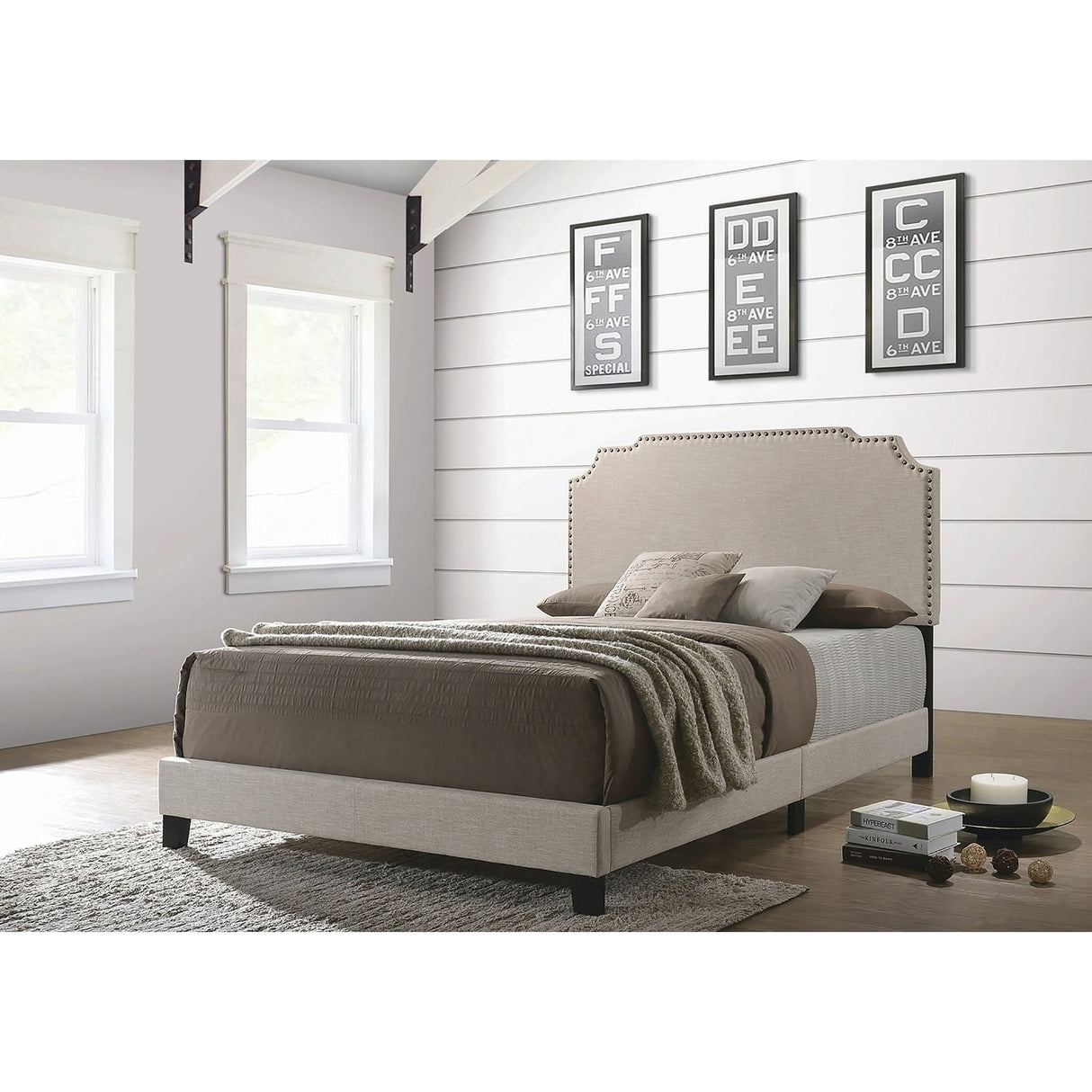 Biruinta Upholstered Panel Bed with Nailhead Trim