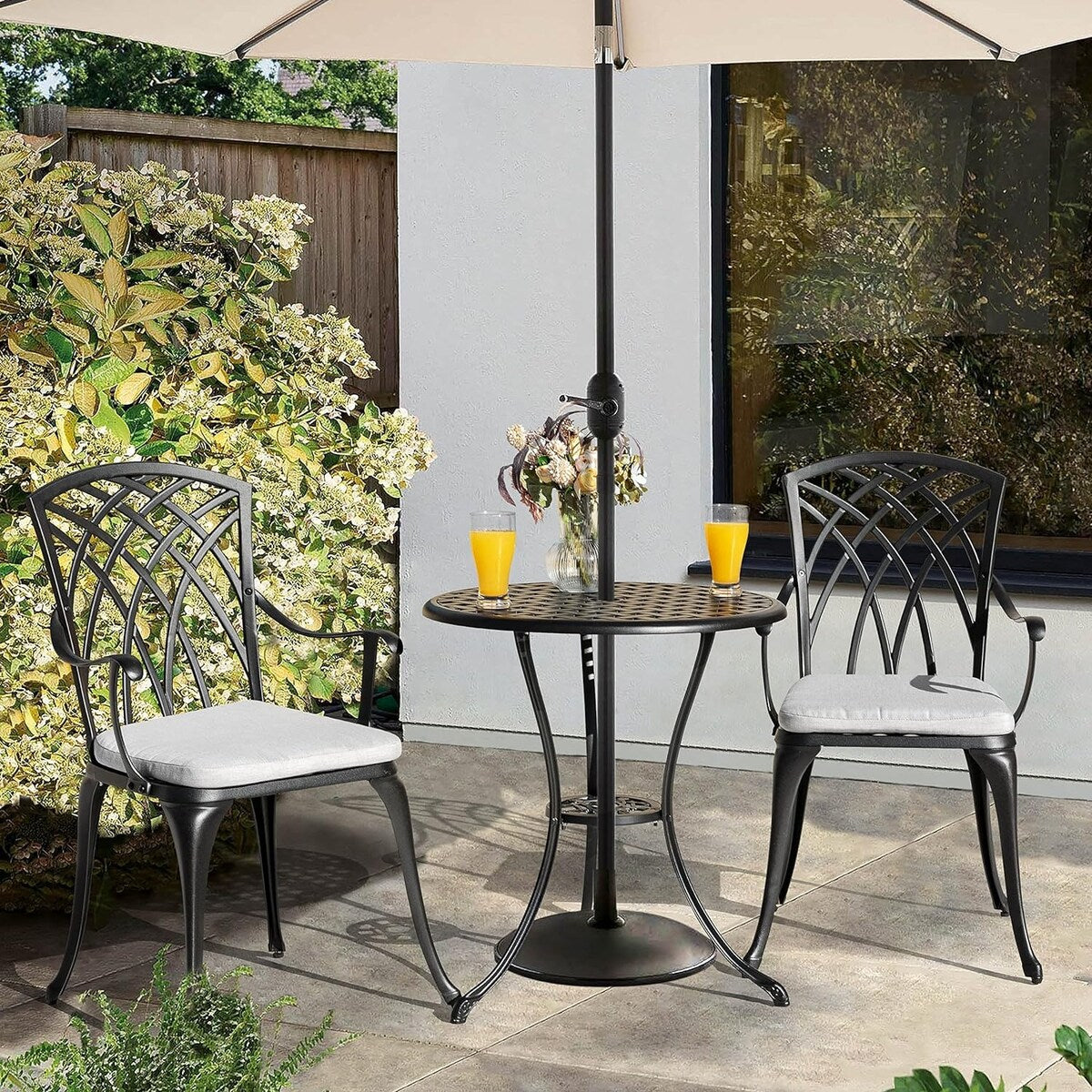 Bistro Table Set Cast with Umbrella Cushions for Balcony